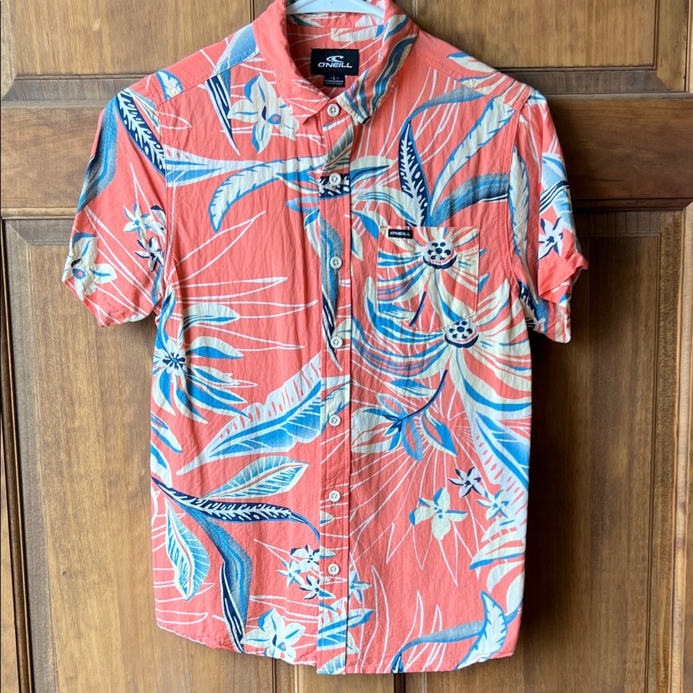 O’Neill boy’s orange Hawaiian shirt. Size L.